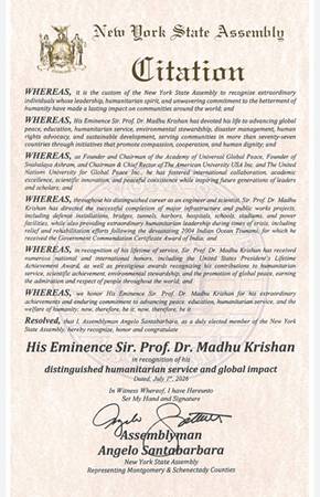 New York State Honours Prof D Madhu Krishan 1